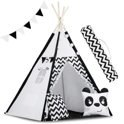 Namiot tipi dla dzieci z girlandą i światełkami biało-czarny z pandą NAMA-07