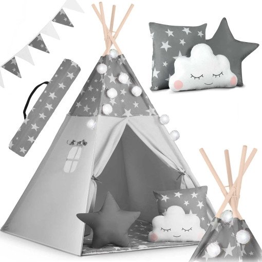 Namiot tipi dla dzieci z girlandą i światełkami w szare gwiazdki NAMA-09