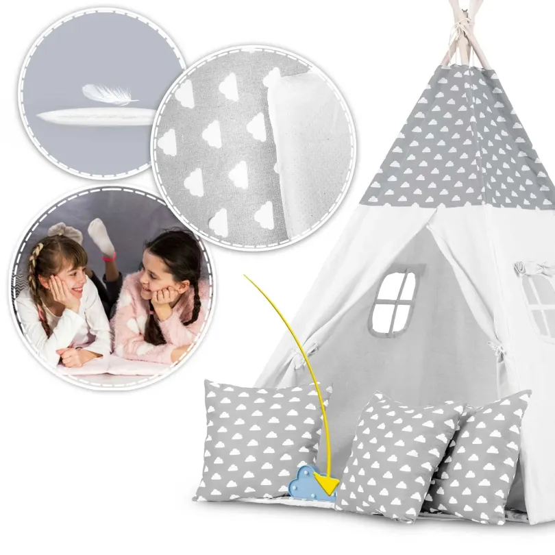 Namiot tipi dla dzieci z girlandą i światełkami w jasnoszare chmurki JS-740401