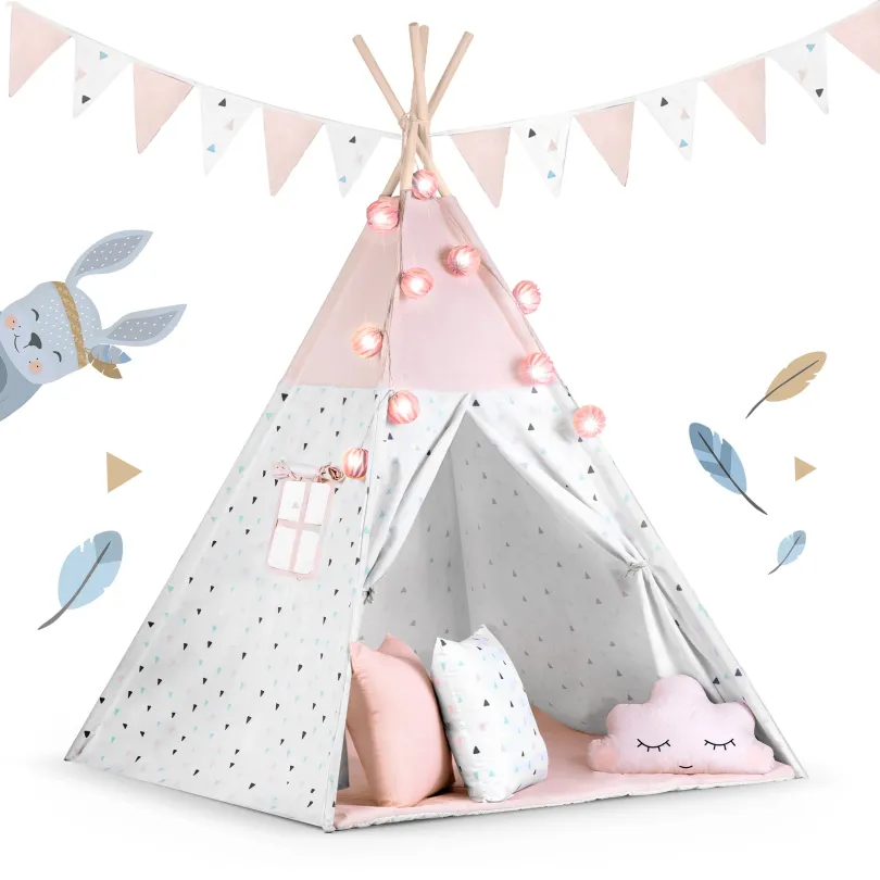 Namiot tipi dla dzieci z girlandą i światełkami różowy JS-740022