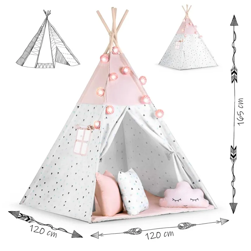 Namiot tipi dla dzieci z girlandą i światełkami różowy JS-740022
