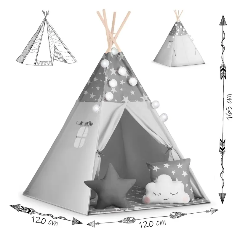 Namiot tipi dla dzieci z girlandą i światełkami w szare gwiazdki JS-740020