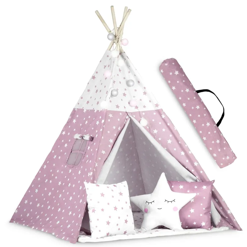 Namiot tipi dla dzieci ze światełkami różowy w gwiazdki JS-740023