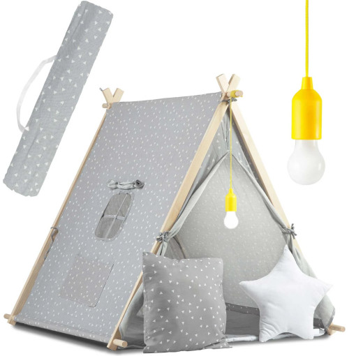 Namiot domek dla dzieci z lampką szary w białe trójkąty NAMB-02