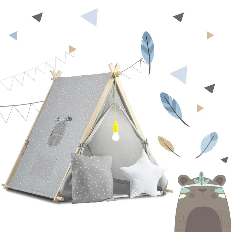Namiot domek dla dzieci z lampką szary w białe trójkąty JS-740501