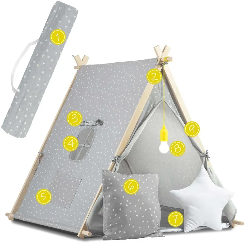 Namiot domek dla dzieci z lampką szary w białe trójkąty JS-740501