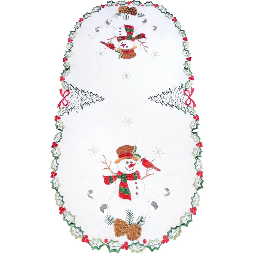 Bieżnik świąteczny owalny z haftem w bałwany OS-303-A