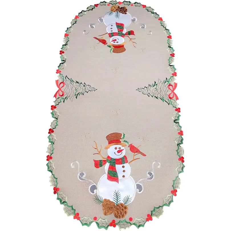 Bieżnik świąteczny owalny z haftem w bałwany OS-303-B