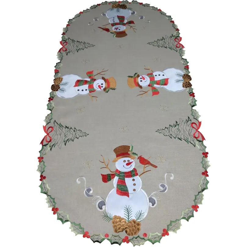 Bieżnik świąteczny owalny z haftem w bałwany OS-303-B
