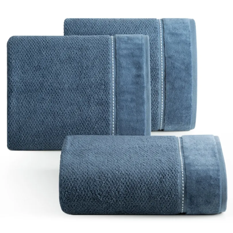 Ręcznik o ryżowej strukturze ze stebnowaniem i welwetową bordiurą niebieski R181-05
