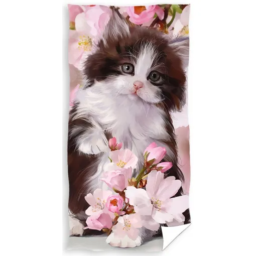 Ręcznik bawełniany z nadrukiem kota z kwiatami RDS-36